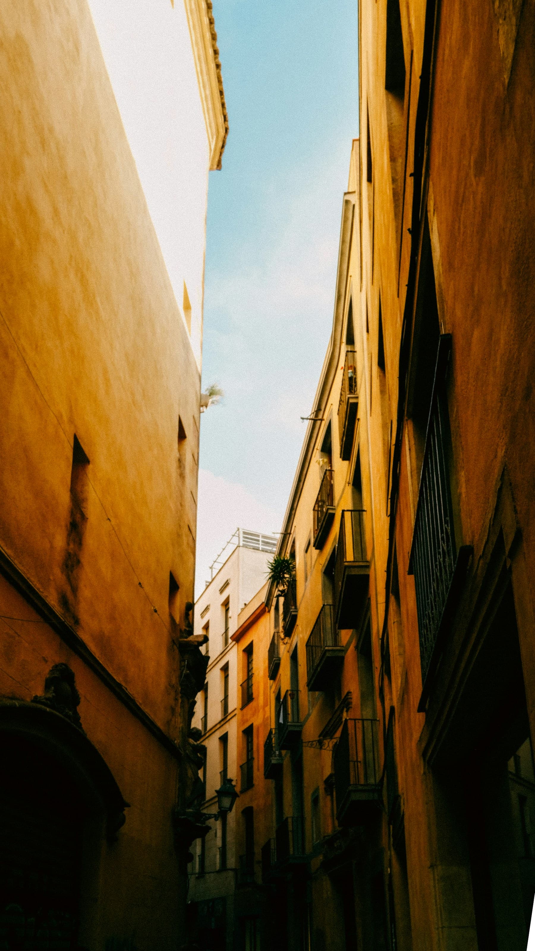 A narrow lane in Barcelona's Gothic Quarter, balconies and warm stone on both sides