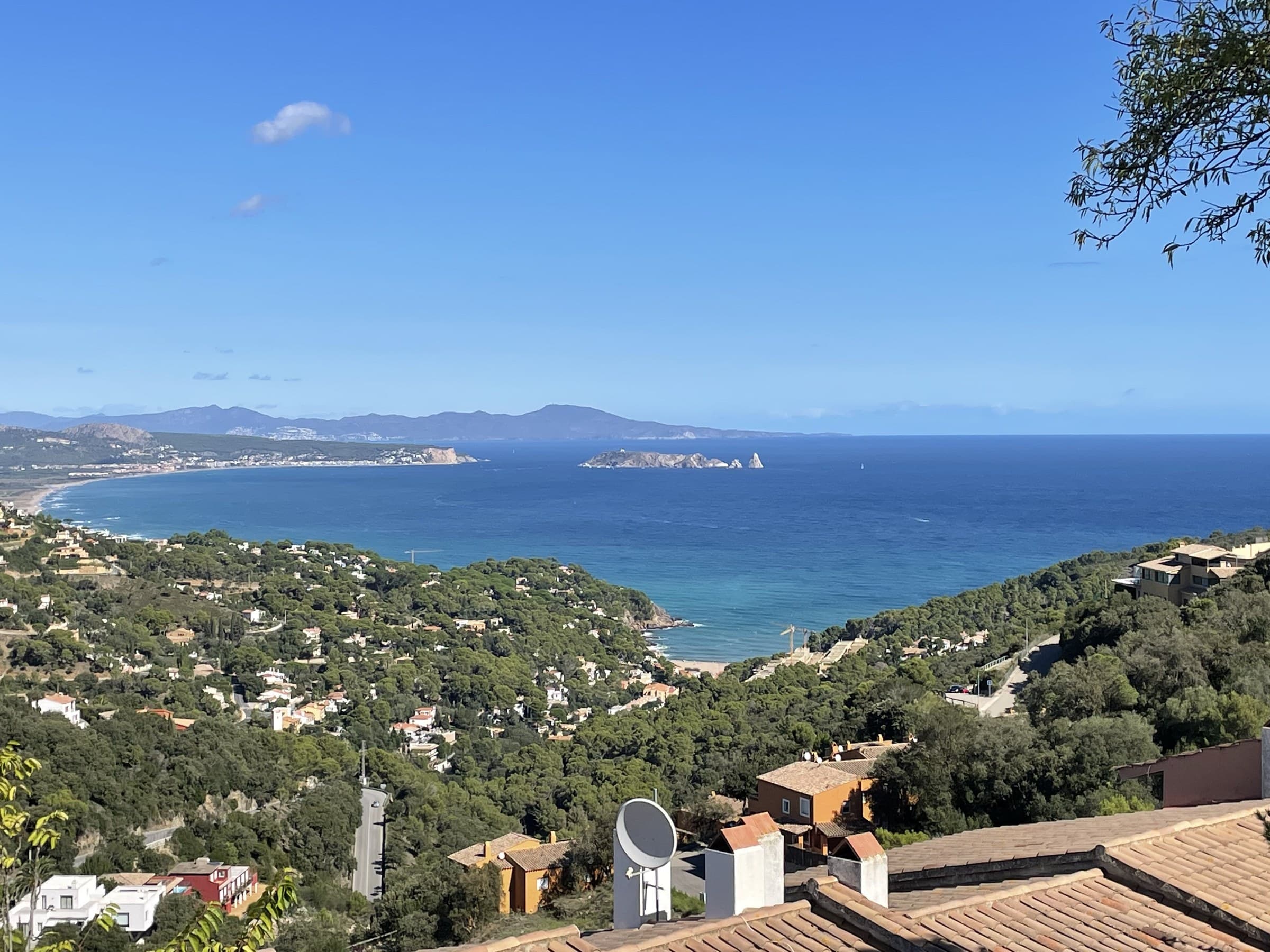 The bay below Begur on the Costa Brava, pines and villas running down to the sea