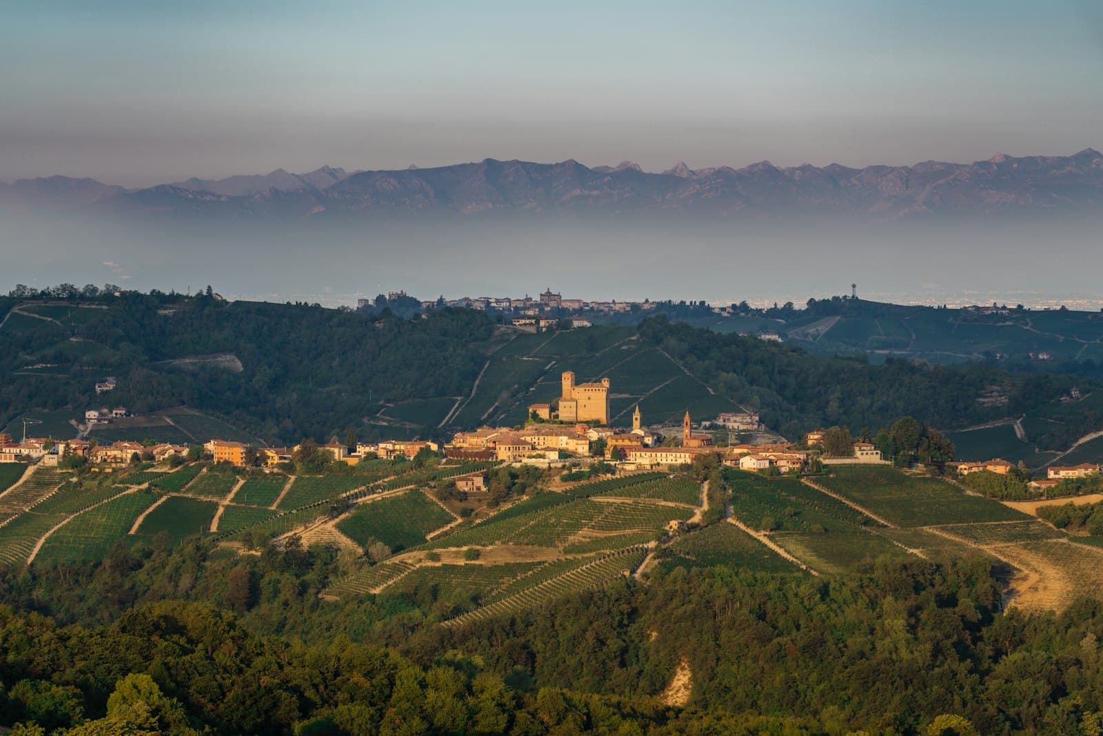 A Langhe hill village above vineyards in the morning haze