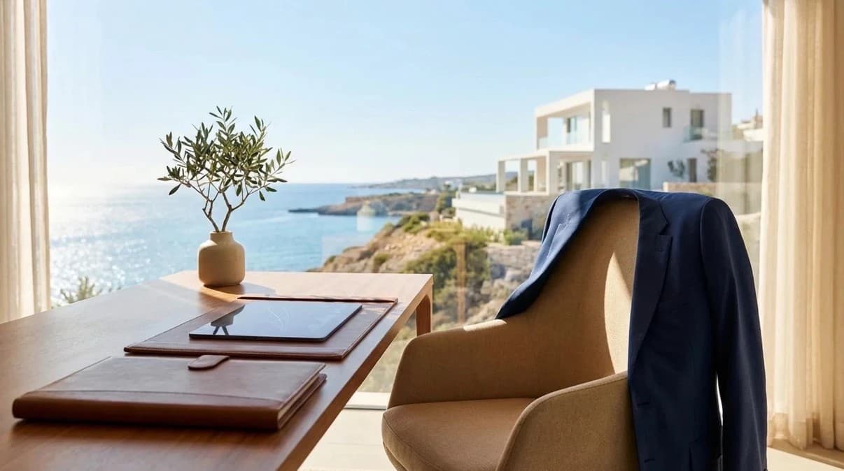A wooden desk with a leather folio and olive sapling by a window over the sea, a navy suit resting on the armchair beside it